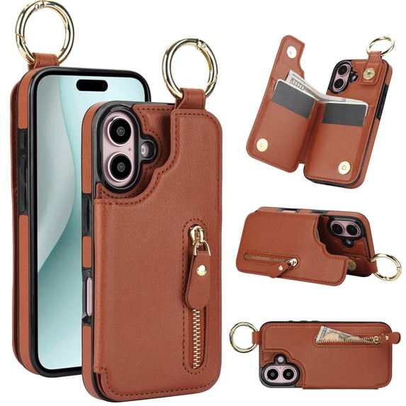 Allytech Wallet Case for iPhone 16 Plus, Card Holder & Zipper Pocket, Finger Grip Ring, Screen & Camera Protection, Luxury PU Leather Kickstand Double Buttons Flip Shockproof Case, Brown