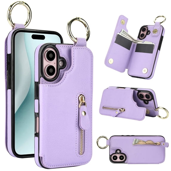 Allytech Wallet Case for iPhone 16 Plus, Card Holder & Zipper Pocket, Finger Grip Ring, Screen & Camera Protection, Luxury PU Leather Kickstand Double Buttons Flip Shockproof Case, Purple