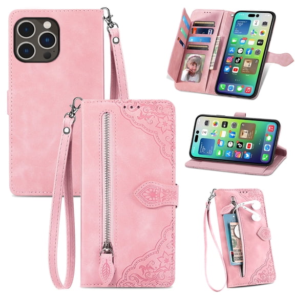 Allytech Wallet Case for iPhone 16 Plus, Embossed Luxury PU Leather Flip Case with Kickstand & Card Cash Slots, Slim Zipper Pocket Detachable Wrist Strap Magnetic Clasp Anti-Drop Case - Pink