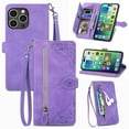 thumbnail image 1 of Allytech Wallet Case for iPhone 16 Pro, Embossed Luxury PU Leather Flip Case with Kickstand & Card Cash Slots, Slim Zipper Pocket Detachable Wrist Strap Magnetic Clasp Anti-Drop Case - Purple, 1 of 9