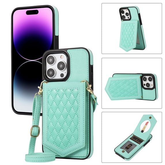 Allytech Wallet Case for iPhone 16 Pro with Hidden Make Up Mirror & Shoulder Strap & Magnetic Button, Premium PU Leather RFID Blocking Kickstand Card Slots Fashion Protective Case - Green