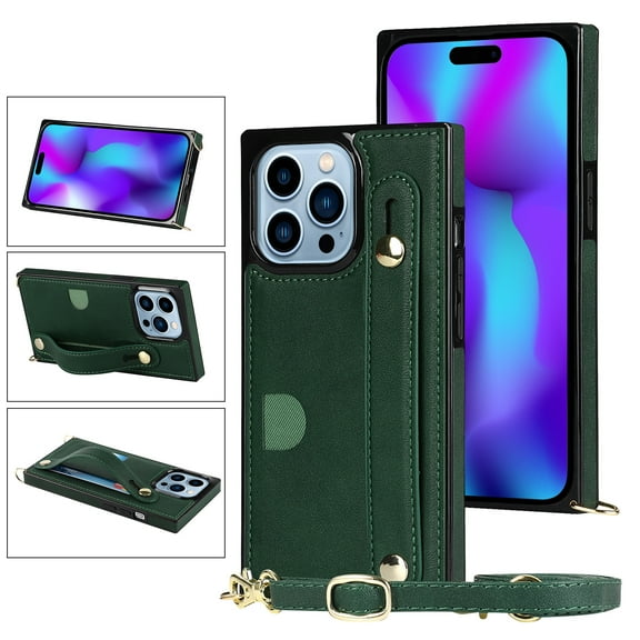 Allytech Wallet Case for iPhone 16 Pro Max with Card Slot & Shoulder Strap, Premium PU Leather Adjustable Strap Wristband Kickstand Shockproof Full Protective Cover for Women Men - Green