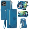 thumbnail image 1 of Allytech Wallet Case for iPhone 16 Pro Max, Embossed Luxury PU Leather Flip Case with Kickstand & Card Cash Slots, Slim Zipper Pocket Detachable Wrist Strap Magnetic Clasp Anti-Drop Case - Blue, 1 of 9