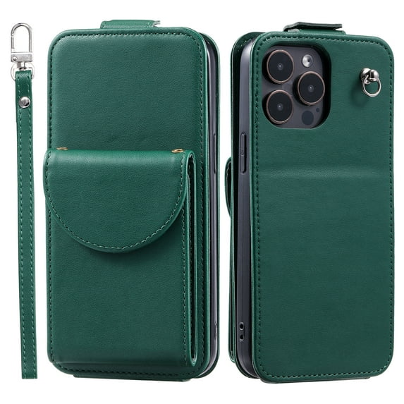 Allytech Wallet Case for iPhone 16 Pro Max with Hand Strap & Shoulder Strap, Flip Premium PU Leather Case with Credit Card Slots, Kickstand Magnetic Closure Shockproof Protective Case, Green