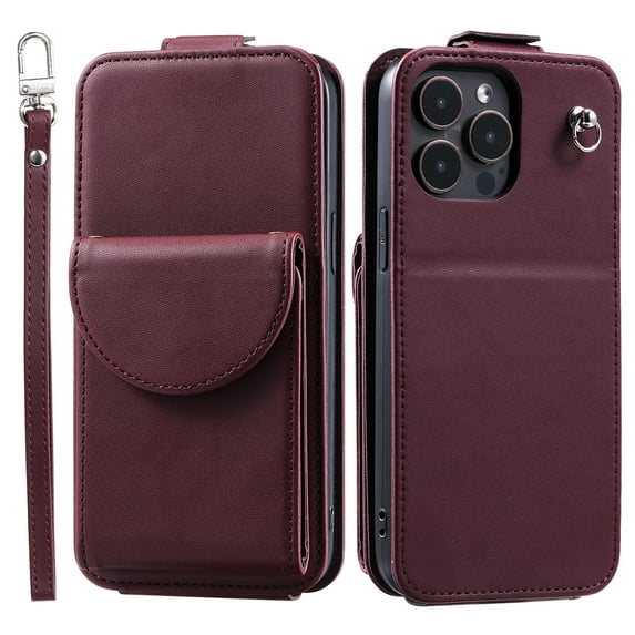 Allytech Wallet Case for iPhone 16 Pro Max with Hand Strap & Shoulder Strap, Flip Premium PU Leather Case with Credit Card Slots, Kickstand Magnetic Closure Shockproof Protective Case, Winered