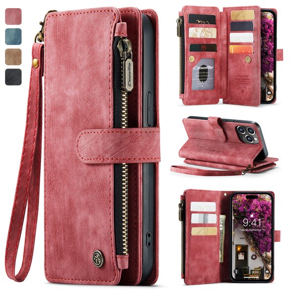 Allytech Wallet Case for iPhone 6s/6, Card Slots + Cash Slot + Zipper Pocket Large Capacity PU Leather Case with Hand Strap, [All-Round Shockproof] Wireless Charging Kickstand Case, Red