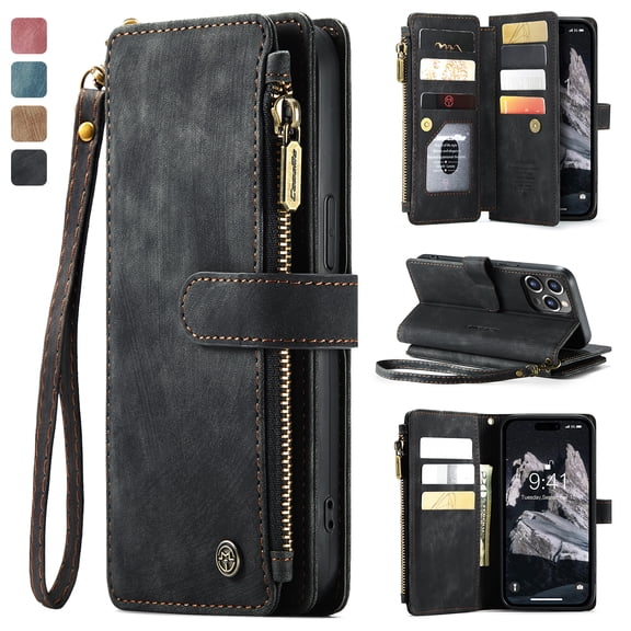 Allytech Wallet Case for iPhone 6s Plus/6 Plus, Card Slots + Cash Slot + Zipper Pocket Large Capacity PU Leather Case with Hand Strap, [All-Round Shockproof] Wireless Charging Kickstand Case, Black