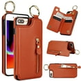 thumbnail image 1 of Allytech Wallet Case for iPhone 7 / 8 / SE 2022 & 2020, Card Holder & Zipper Pocket, Finger Grip Ring, Screen Camera Protection, Luxury PU Leather Kickstand Double Buttons Shockproof Case - Brown, 1 of 7
