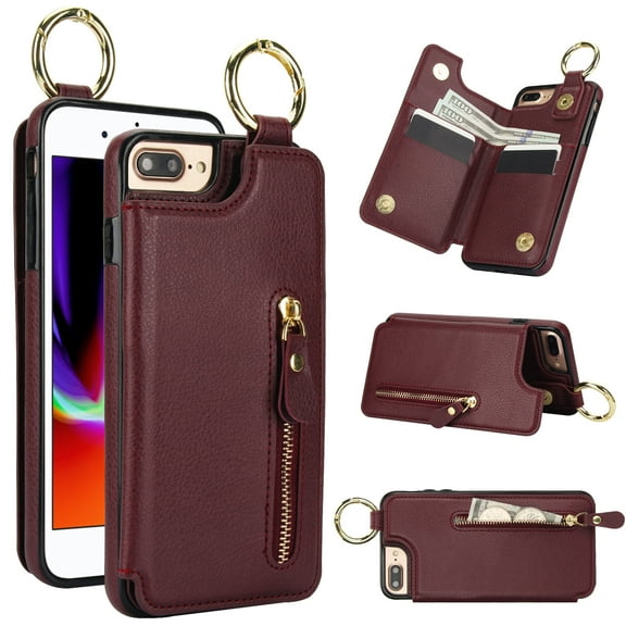 Allytech Wallet Case for iPhone 7 / 8 / SE 2022 & 2020, Card Holder & Zipper Pocket, Finger Grip Ring, Screen Camera Protection, Luxury PU Leather Kickstand Double Buttons Shockproof Case - Jujubered