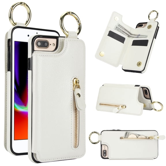 Allytech Wallet Case for iPhone 8 Plus/7 Plus, Card Holder & Zipper Pocket, Finger Grip Ring, Screen Camera Protection, Luxury PU Leather Kickstand Double Buttons Shockproof Case - White