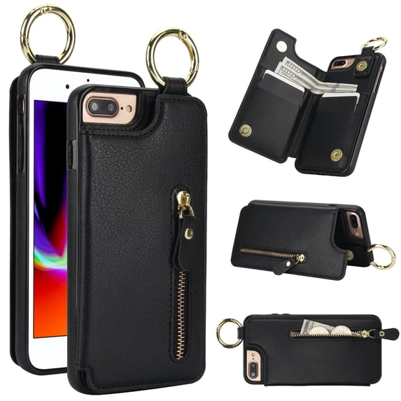 Allytech Wallet Case for iPhone 8 Plus/7 Plus, Card Holder & Zipper Pocket, Finger Grip Ring, Screen Camera Protection, Luxury PU Leather Kickstand Double Buttons Shockproof Case - Black