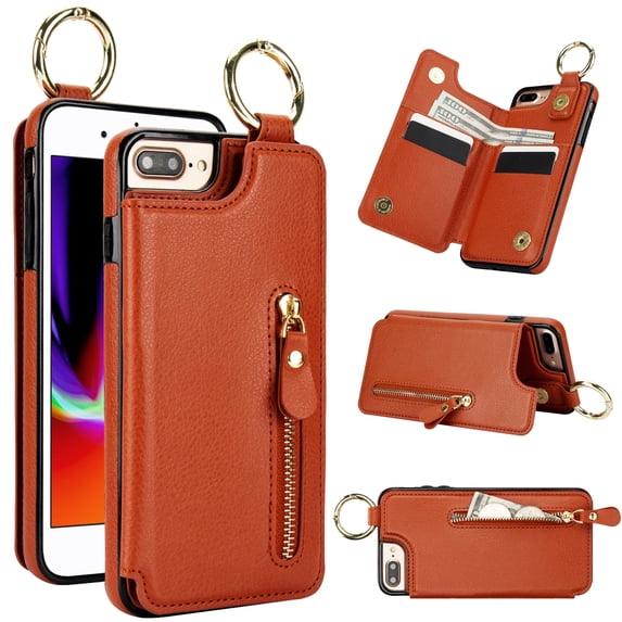 Allytech Wallet Case for iPhone 8 Plus/7 Plus, Card Holder & Zipper Pocket, Finger Grip Ring, Screen Camera Protection, Luxury PU Leather Kickstand Double Buttons Shockproof Case - Brown
