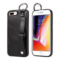 Allytech Wallet Case for iPhone 8 Plus/7 Plus, [Card Slot] [Ring Buckle] [Adjustable Wristband with Snap Buckles] Premium PU Leather Kickstand Shockproof Case Cover for Women Men - Black