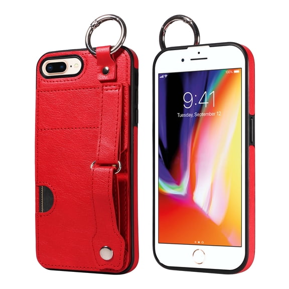 Allytech Wallet Case for iPhone 8 Plus/7 Plus, [Card Slot] [Ring Buckle] [Adjustable Wristband with Snap Buckles] Premium PU Leather Kickstand Shockproof Case Cover for Women Men - Red