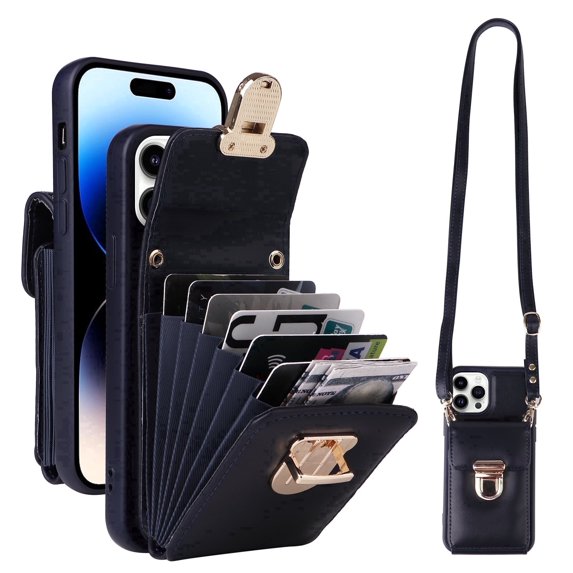 Allytechgroup Credit Card Slots, Kickstand, Hardware Buckle PU Leather Wallet Cell Phone Case with Shoulder Strap for Apple iPhone 8 Plus/7 Plus, Blue