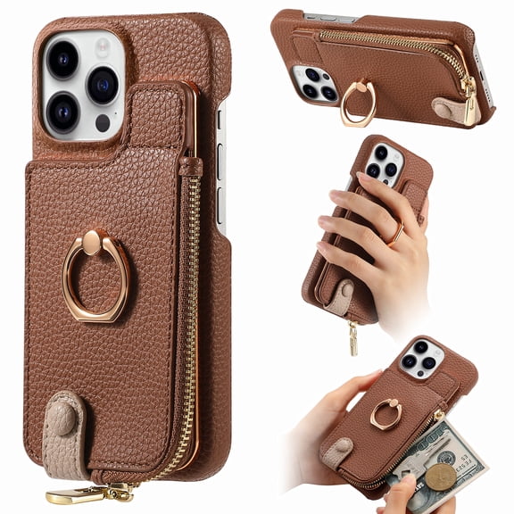 Allytech Wallet Case for iPhone Air, [Support Car Mount], Business PU Leather Ring Kickstand Cover with Card Slots & Zipper Pocket, RFID Blocking Shockproof Protective Case, Brown