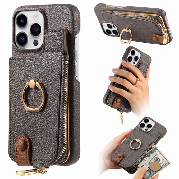 Allytech Wallet Case for iPhone Air, [Support Car Mount], Business PU Leather Ring Kickstand Cover with Card Slots & Zipper Pocket, RFID Blocking Shockproof Protective Case, Gray