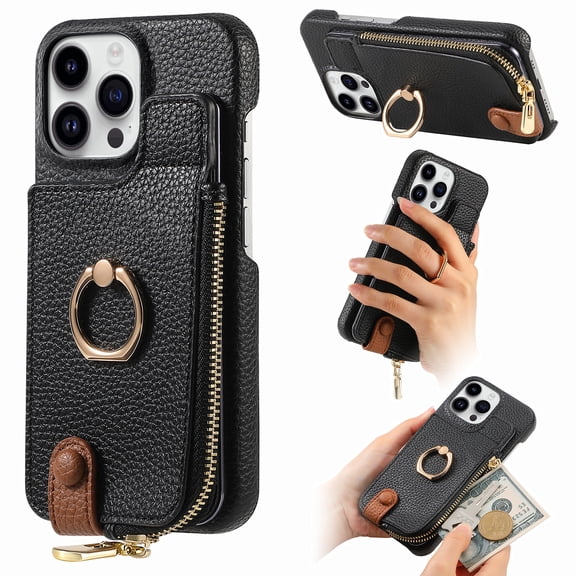 Allytech Wallet Case for iPhone Air, [Support Car Mount], Business PU Leather Ring Kickstand Cover with Card Slots & Zipper Pocket, RFID Blocking Shockproof Protective Case, Black