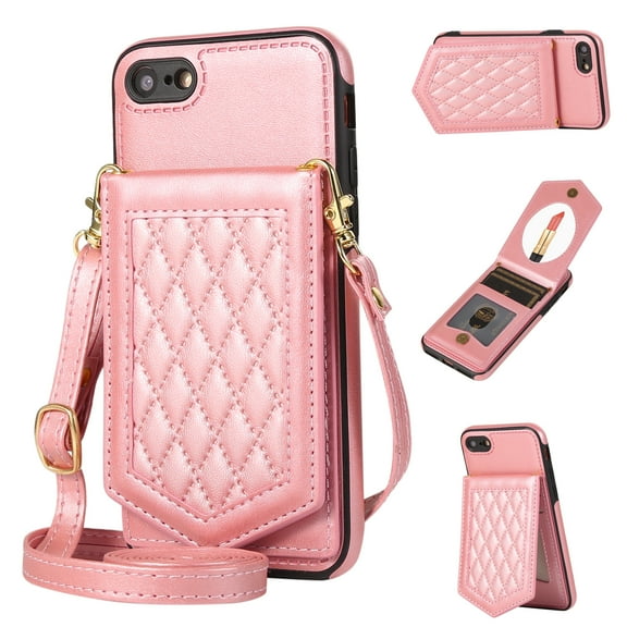 Allytech Wallet Case for iPhone SE 2022/2020, iPhone 7/8 Case with Card Holder, PU Leather RFID Blocking Design Stand Mirror Inner Case with Detachable Crossbody Strap for iPhone SE 4.7", Rosegold