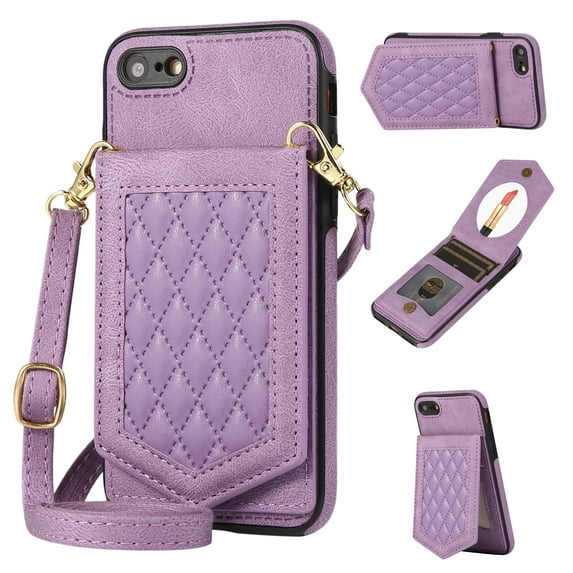 Allytech Wallet Case for iPhone SE 2022/2020, iPhone 7/iPhone 8 Case with Card Holder, PU Leather RFID Blocking Design Stand Mirror Inner Case with Detachable Crossbody Strap for iPhone SE 4.7",Purple