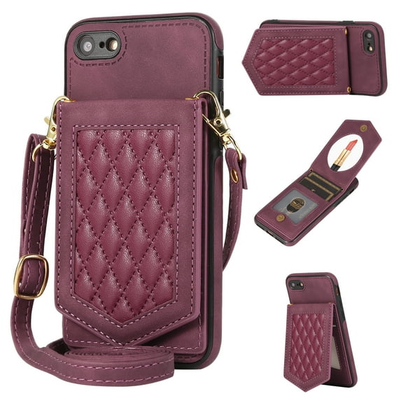 Allytech Wallet Case for iPhone SE 2022/2020, iPhone 7/iPhone 8 Case with Card Holder, PU Leather RFID Blocking Design Stand Mirror Inner Case with Detachable Crossbody Strap for iPhone SE 4.7", Red