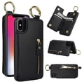 thumbnail image 1 of Allytech Wallet Case for iPhone XR, Card Holder & Zipper Pocket, Finger Grip Ring, Screen & Camera Protection, Luxury PU Leather Kickstand Double Buttons Flip Shockproof Case - Black, 1 of 7
