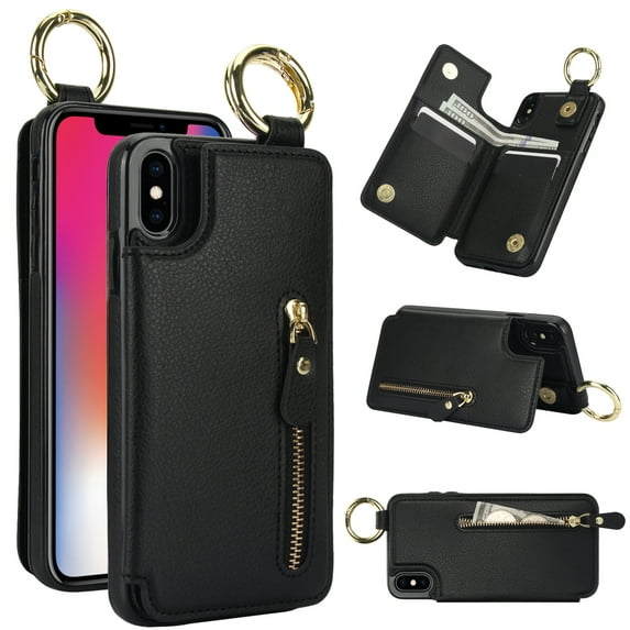 Allytech Wallet Case for iPhone XR, Card Holder & Zipper Pocket, Finger Grip Ring, Screen & Camera Protection, Luxury PU Leather Kickstand Double Buttons Flip Shockproof Case - Black