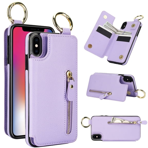 Allytech Wallet Case for iPhone XR, Card Holder & Zipper Pocket, Finger Grip Ring, Screen & Camera Protection, Luxury PU Leather Kickstand Double Buttons Flip Shockproof Case - Purple