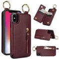 thumbnail image 1 of Allytech Wallet Case for iPhone XR, Card Holder & Zipper Pocket, Finger Grip Ring, Screen & Camera Protection, Luxury PU Leather Kickstand Double Buttons Flip Shockproof Case - Jujubered, 1 of 7