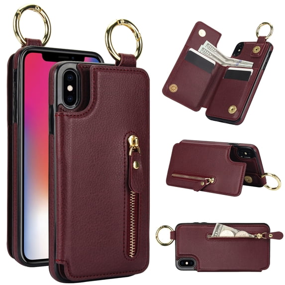 Allytech Wallet Case for iPhone XR, Card Holder & Zipper Pocket, Finger Grip Ring, Screen & Camera Protection, Luxury PU Leather Kickstand Double Buttons Flip Shockproof Case - Jujubered