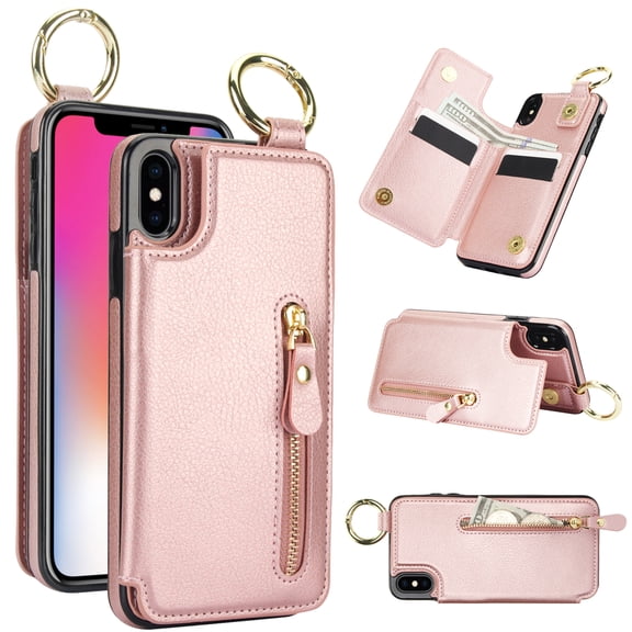 Allytech Wallet Case for iPhone XR, Card Holder & Zipper Pocket, Finger Grip Ring, Screen & Camera Protection, Luxury PU Leather Kickstand Double Buttons Flip Shockproof Case - Rosegold