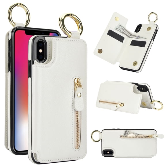 Allytech Wallet Case for iPhone XR, Card Holder & Zipper Pocket, Finger Grip Ring, Screen & Camera Protection, Luxury PU Leather Kickstand Double Buttons Flip Shockproof Case - White
