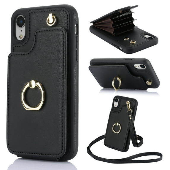 Allytech Wallet Case for iPhone XR, Luxury PU Leather Ring Kickstand Cover with Card Holder & Shoulder Strap, Fashion Accordion Style Shockproof Anti-Drop Phone Case - Black