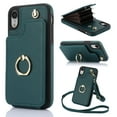 thumbnail image 1 of Allytech Wallet Case for iPhone XR, Luxury PU Leather Ring Kickstand Cover with Card Holder & Shoulder Strap, Fashion Accordion Style Shockproof Anti-Drop Phone Case - Green, 1 of 10