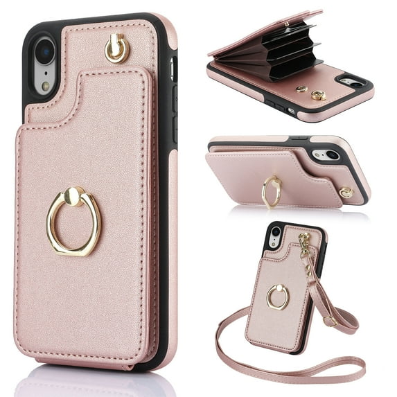 Allytech Wallet Case for iPhone XR, Luxury PU Leather Ring Kickstand Cover with Card Holder & Shoulder Strap, Fashion Accordion Style Shockproof Anti-Drop Phone Case - Rosegold