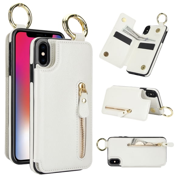 Allytech Wallet Case for iPhone XS Max, Card Holder & Zipper Pocket, Finger Grip Ring, Screen & Camera Protection, Luxury PU Leather Kickstand Double Buttons Flip Shockproof Case - White