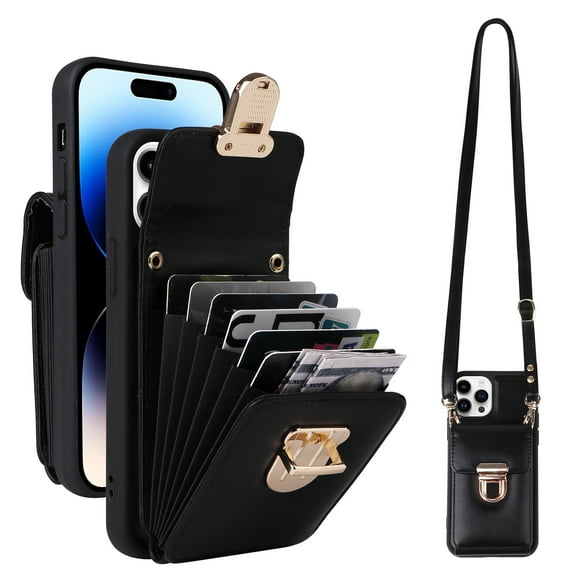 Allytech Wallet Case for iPhone XS Max with Shoulder Strap, Accordion Card Holder Premium PU Leather Cover, Hardware Buckle Kickstand Anti-Drop & Anti-Scratch Case for iPhone XS Max - Black