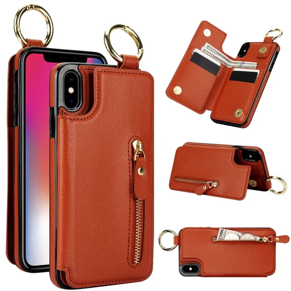 Allytech Wallet Case for iPhone XS/X, Card Holder & Zipper Pocket, Finger Grip Ring, Screen & Camera Protection, Luxury PU Leather Kickstand Double Buttons Flip Shockproof Case - Brown