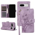 thumbnail image 1 of Allytech Wallet Flip Case for Google Pixel 7 with Stylish Orchid Butterflies Embossed Pattern, Premium PU Leather Kickstand Magnetic Clasp Shockproof Case with Card Holder & Wrist Strap, Purple, 1 of 7