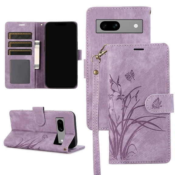 Allytech Wallet Flip Case for Google Pixel 8a with Stylish Orchid Butterflies Embossed Pattern, Premium PU Leather Kickstand Magnetic Clasp Shockproof Case with Card Holder & Wrist Strap, Purple