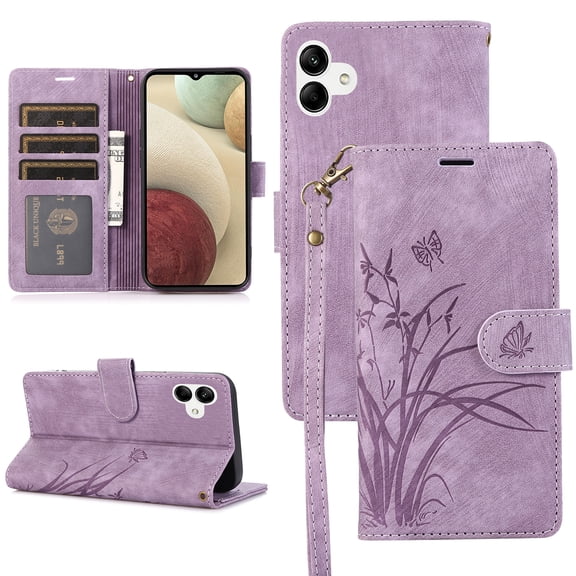 Allytech Wallet Flip Case for Samsung Galaxy A04e with Orchid Butterflies Embossed Pattern, Premium PU Leather Kickstand Magnetic Clasp Shockproof Case with Card Holder & Wrist Strap, Purple