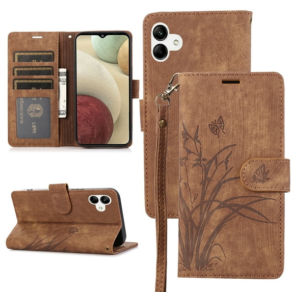 Allytech Wallet Flip Case for Samsung Galaxy A04e with Orchid Butterflies Embossed Pattern, Premium PU Leather Kickstand Magnetic Clasp Shockproof Case with Card Holder & Wrist Strap, Brown