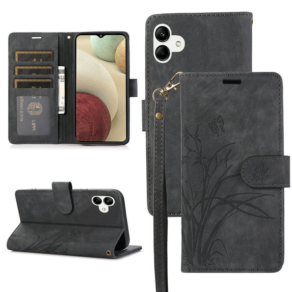 Allytech Wallet Flip Case for Samsung Galaxy A04e with Orchid Butterflies Embossed Pattern, Premium PU Leather Kickstand Magnetic Clasp Shockproof Case with Card Holder & Wrist Strap, Black