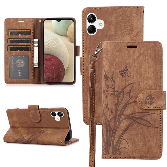 Allytech Wallet Flip Case for Samsung Galaxy A05 with Orchid Butterflies Embossed Pattern, Premium PU Leather Kickstand Magnetic Clasp Shockproof Case with Card Holder & Wrist Strap, Brown