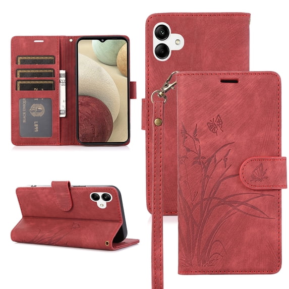 Allytech Wallet Flip Case for Samsung Galaxy A05 with Orchid Butterflies Embossed Pattern, Premium PU Leather Kickstand Magnetic Clasp Shockproof Case with Card Holder & Wrist Strap, Red