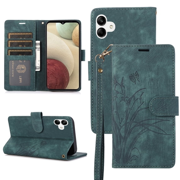 Allytech Wallet Flip Case for Samsung Galaxy A05 with Orchid Butterflies Embossed Pattern, Premium PU Leather Kickstand Magnetic Clasp Shockproof Case with Card Holder & Wrist Strap, Green