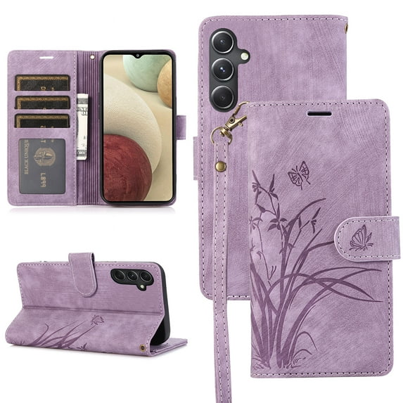 Allytech Wallet Flip Case for Samsung Galaxy A05s with Orchid Butterflies Embossed Pattern, Premium PU Leather Kickstand Magnetic Clasp Shockproof Case with Card Holder & Wrist Strap, Purple