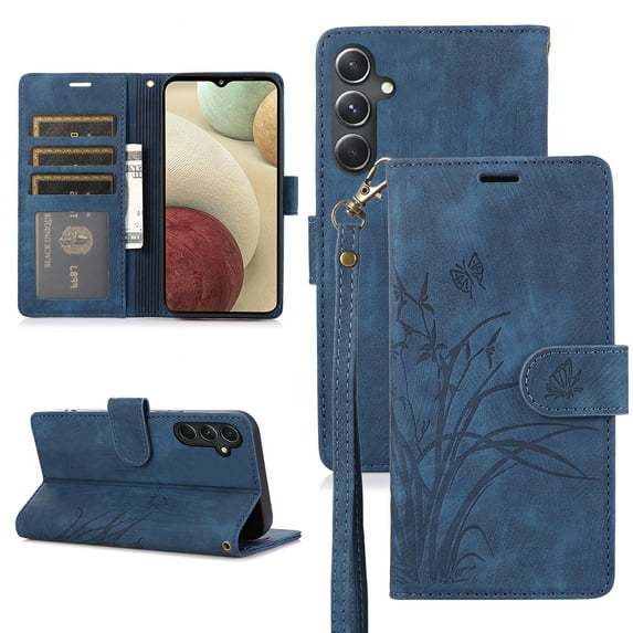 Allytech Wallet Flip Case for Samsung Galaxy A14 5G with Orchid Butterflies Embossed Pattern, Premium PU Leather Kickstand Magnetic Clasp Shockproof Case with Card Holder & Wrist Strap, Blue