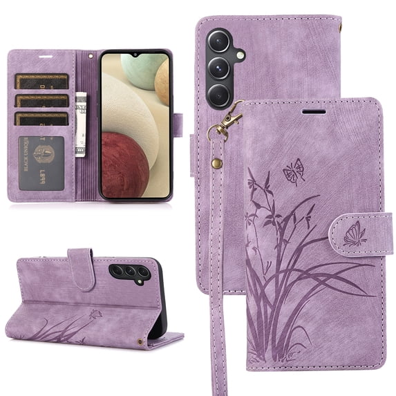 Allytech Wallet Flip Case for Samsung Galaxy A24 4G with Orchid Butterflies Embossed Pattern, Premium PU Leather Kickstand Magnetic Clasp Shockproof Case with Card Holder & Wrist Strap, Purple