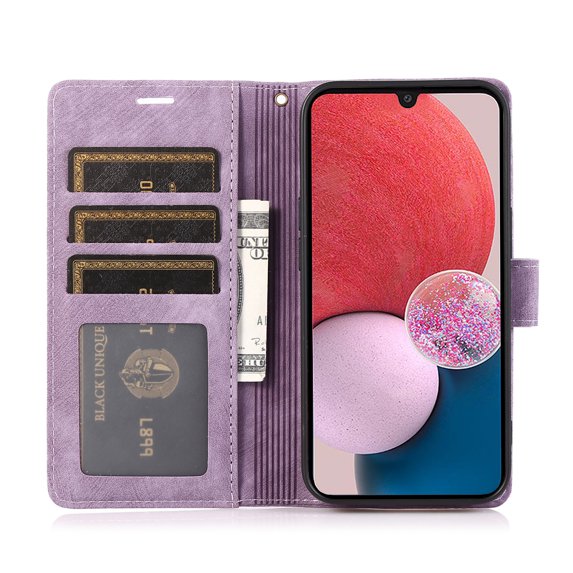 Allytech Wallet Flip Case for Samsung Galaxy A33 5G with Orchid Butterflies Embossed Pattern, Premium PU Leather Kickstand Magnetic Clasp Shockproof Case with Card Holder & Wrist Strap, Purple